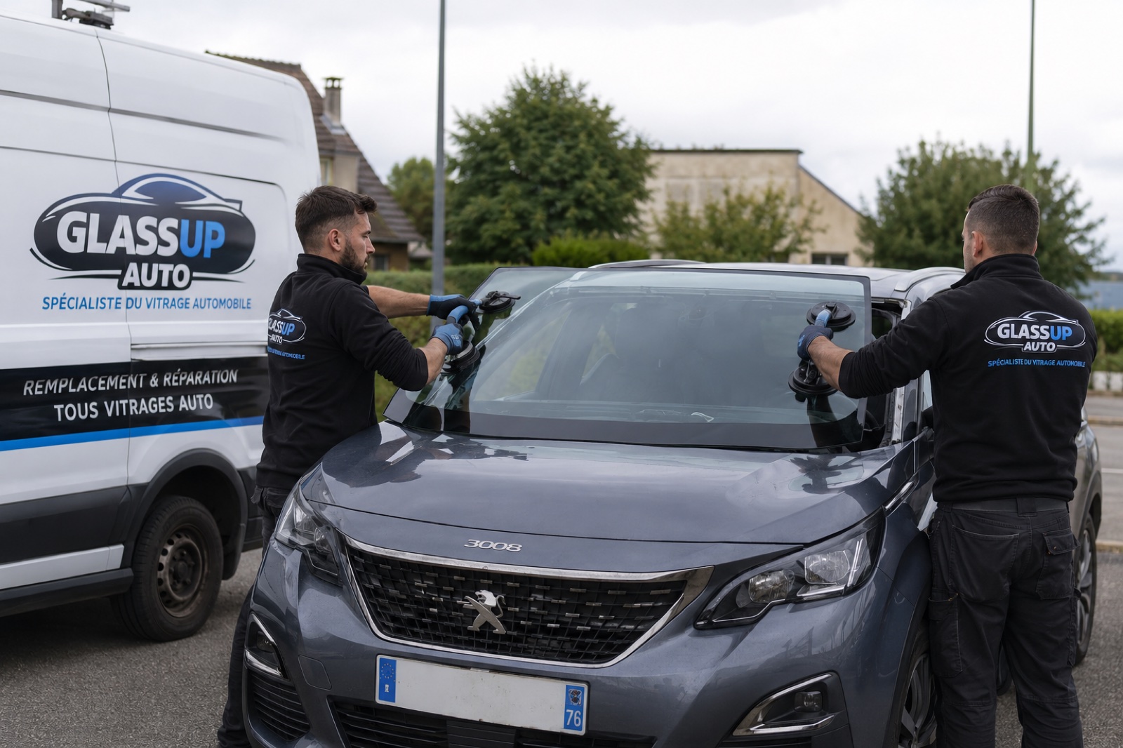 Techniciens GlassUp Auto remplaçant un pare-brise à domicile en Île-de-France