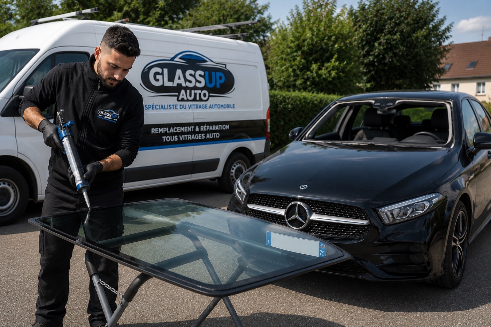 Technicien GlassUp Auto préparant un pare-brise neuf avant la pose